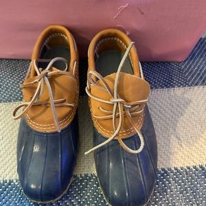 LL Bean Boots Womens  (6W) Blue Brown Low Slip On Duck Shoes made in Maine